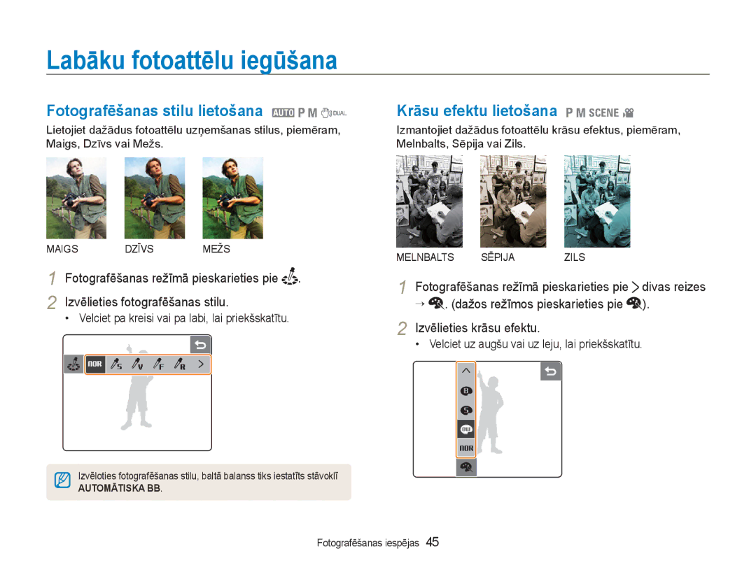 Samsung EC-NV100RBA/RU Labāku fotoattēlu iegūšana, Fotografēšanas stilu lietošana 2 1 8, Krāsu efektu lietošana 1 8 4 