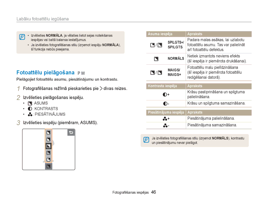 Samsung EC-NV100RBA/RU manual Fotoattēlu pielāgošana 1, Labāku fotoattēlu iegūšana, Izvēlieties iespēju piemēram, Asums 