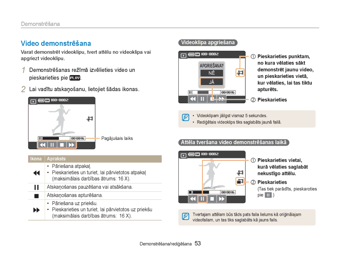 Samsung EC-NV100RBA/RU manual Video demonstrēšana, Videoklipa apgriešana, Attēla tveršana video demonstrēšanas laikā 