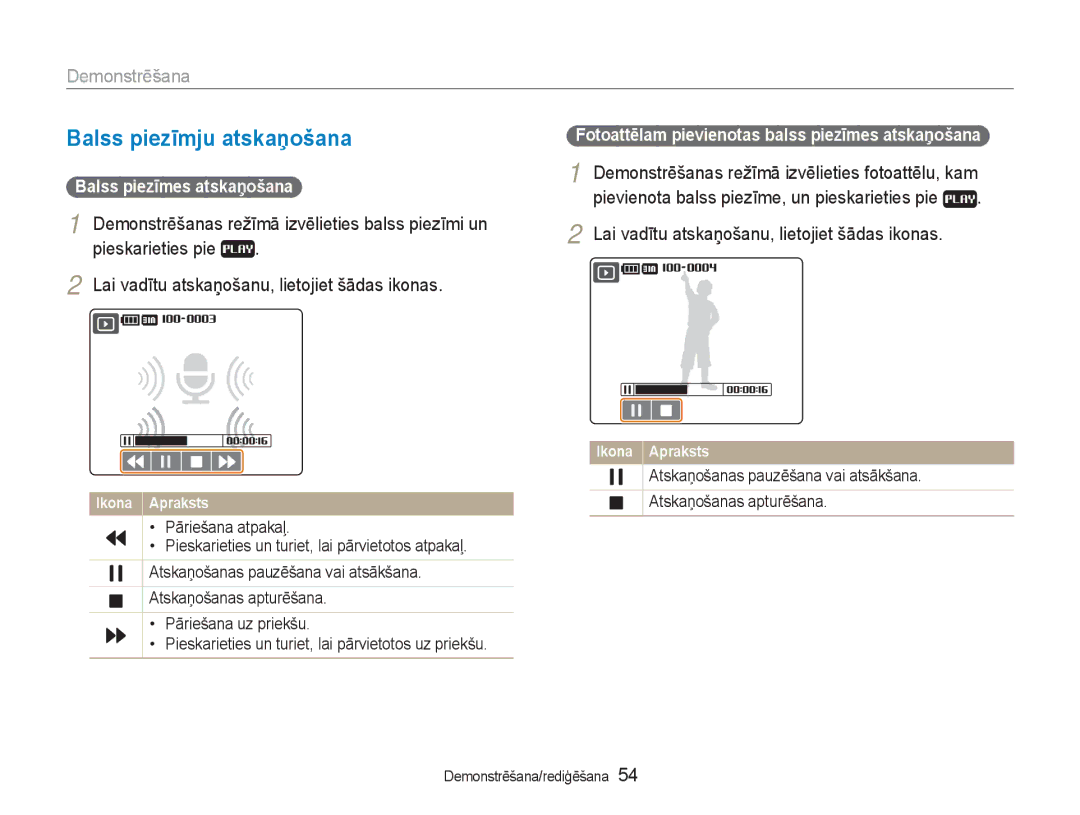 Samsung EC-NV100RBA/RU manual Balss piezīmju atskaņošana, Demonstrēšanas režīmā izvēlieties fotoattēlu, kam 