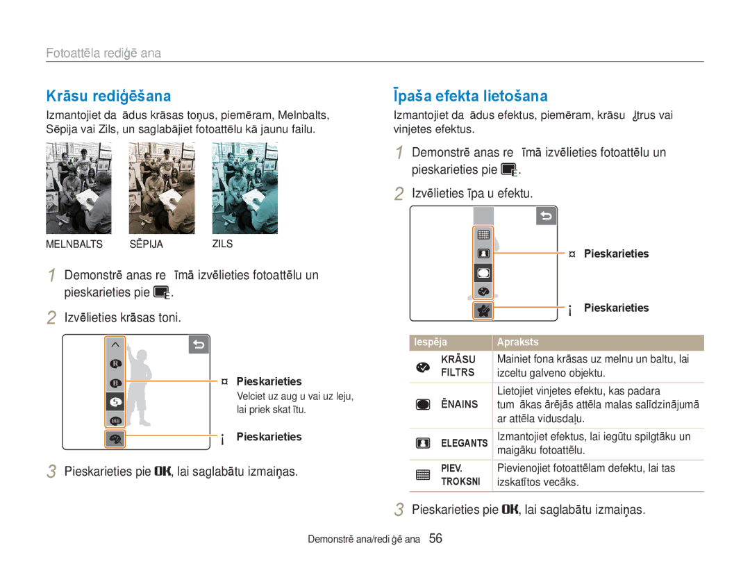 Samsung EC-NV100RBA/RU manual Krāsu rediģēšana, Īpaša efekta lietošana, Fotoattēla rediģēšana 