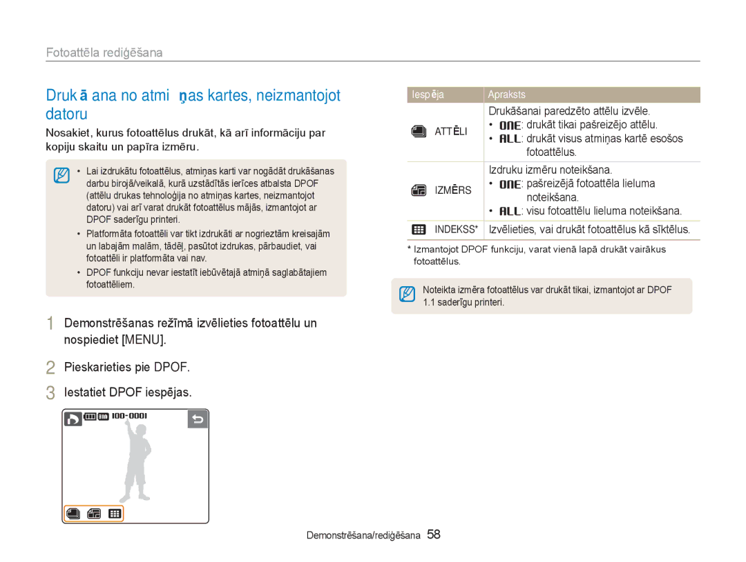 Samsung EC-NV100RBA/RU manual Drukāšana no atmiņas kartes, neizmantojot datoru, Attēli, Izmērs 