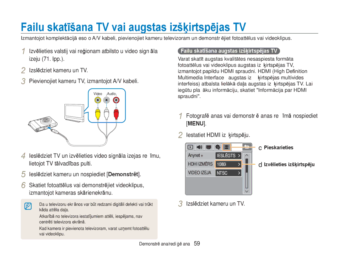 Samsung EC-NV100RBA/RU manual Failu skatīšana TV vai augstas izšķirtspējas TV, Izeju 71. lpp, Izslēdziet kameru un TV 