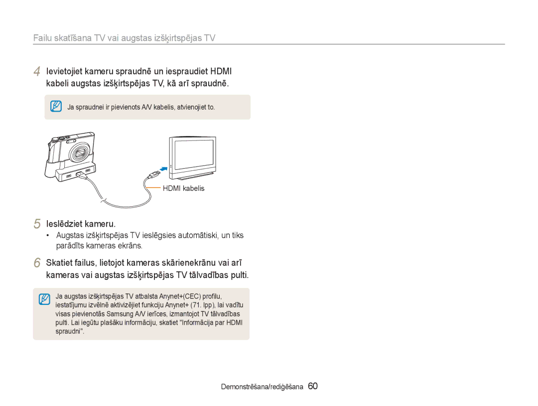 Samsung EC-NV100RBA/RU manual Failu skatīšana TV vai augstas izšķirtspējas TV, Ieslēdziet kameru, Hdmi kabelis 