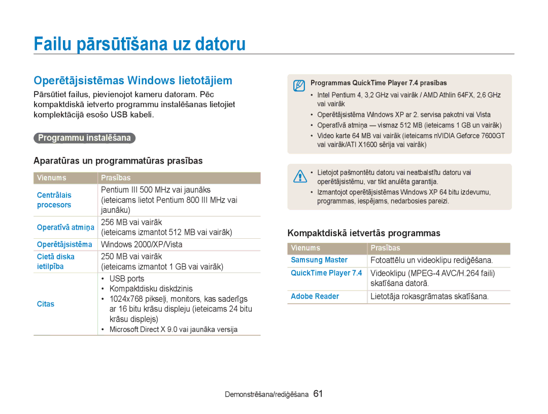 Samsung EC-NV100RBA/RU manual Failu pārsūtīšana uz datoru, Operētājsistēmas Windows lietotājiem, Programmu instalēšana 