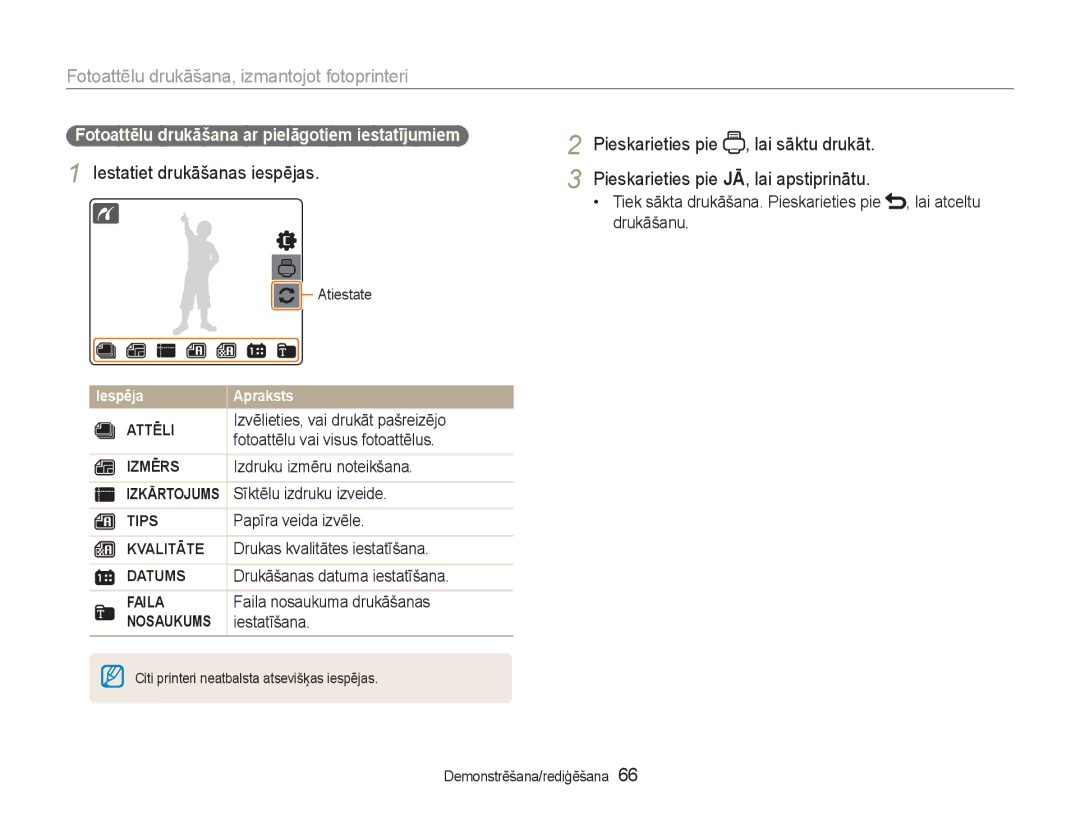 Samsung EC-NV100RBA/RU manual Fotoattēlu drukāšana, izmantojot fotoprinteri, Iestatiet drukāšanas iespējas 