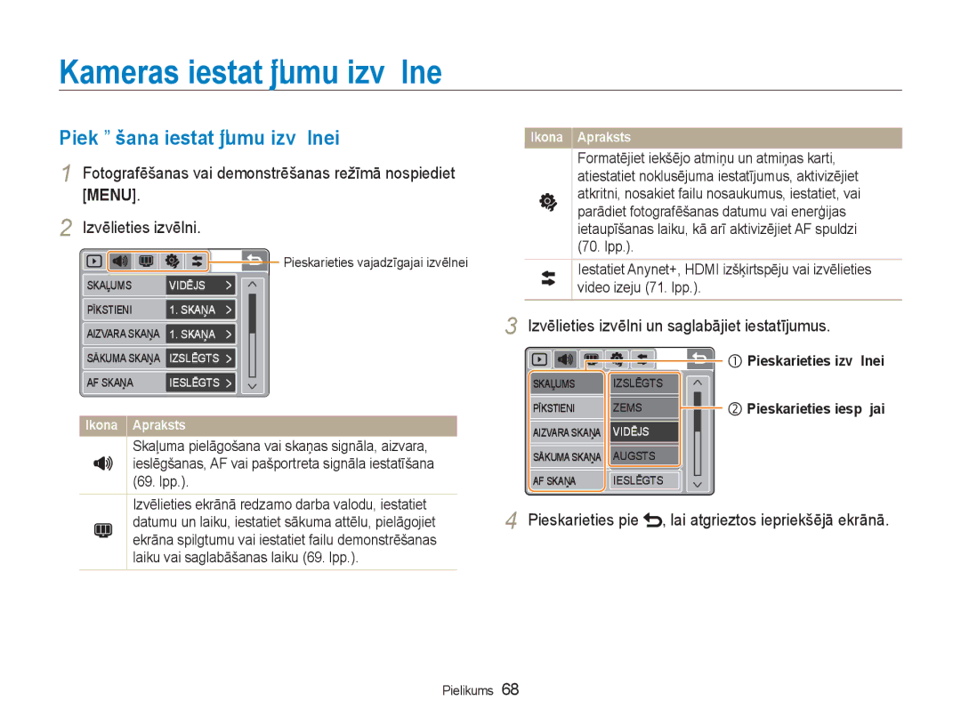 Samsung EC-NV100RBA/RU manual Kameras iestatījumu izvēlne, Piekļūšana iestatījumu izvēlnei 