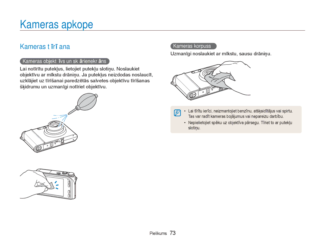 Samsung EC-NV100RBA/RU manual Kameras apkope, Kameras tīrīšana, Kameras objektīvs un skārienekrāns, Kameras korpuss 