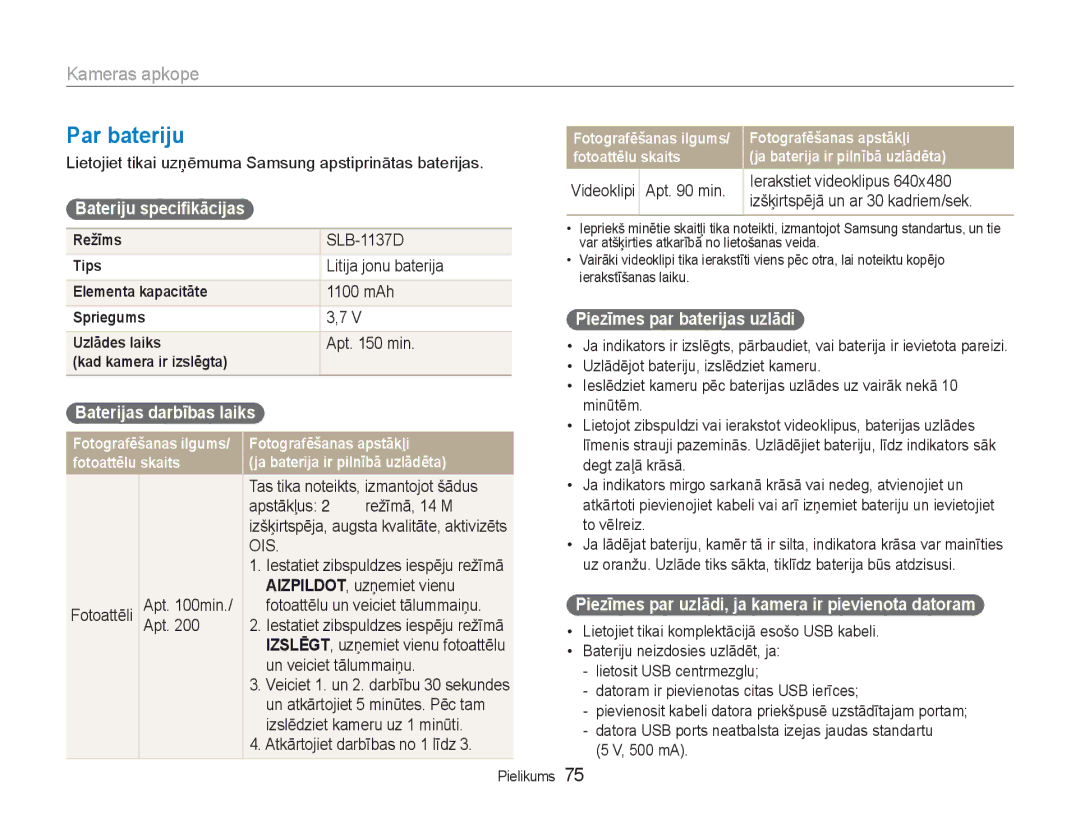 Samsung EC-NV100RBA/RU manual Par bateriju, Bateriju specikācijas, Baterijas darbības laiks, Piezīmes par baterijas uzlādi 