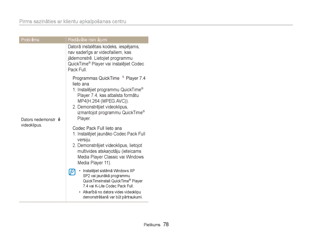 Samsung EC-NV100RBA/RU manual Programmas QuickTime Player 7.4 lietošana, Codec Pack Full lietošana 