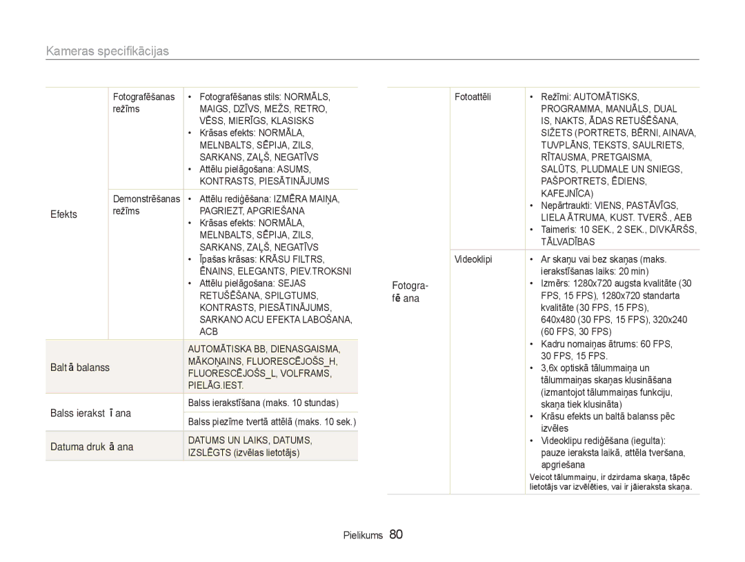 Samsung EC-NV100RBA/RU manual Kameras specikācijas, Efekts, Balss ierakstīšana, Datuma drukāšana 