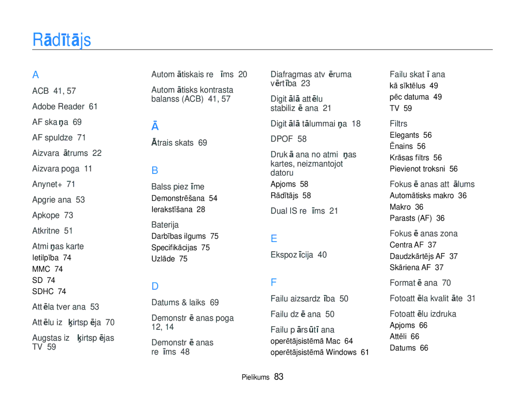 Samsung EC-NV100RBA/RU manual Rādītājs 