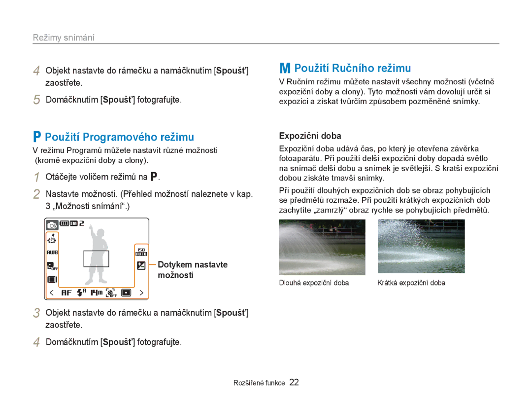 Samsung EC-NV100BBB/E3 manual Použití Programového režimu, Použití Ručního režimu, Expoziční doba, Dlouhá expoziční doba 