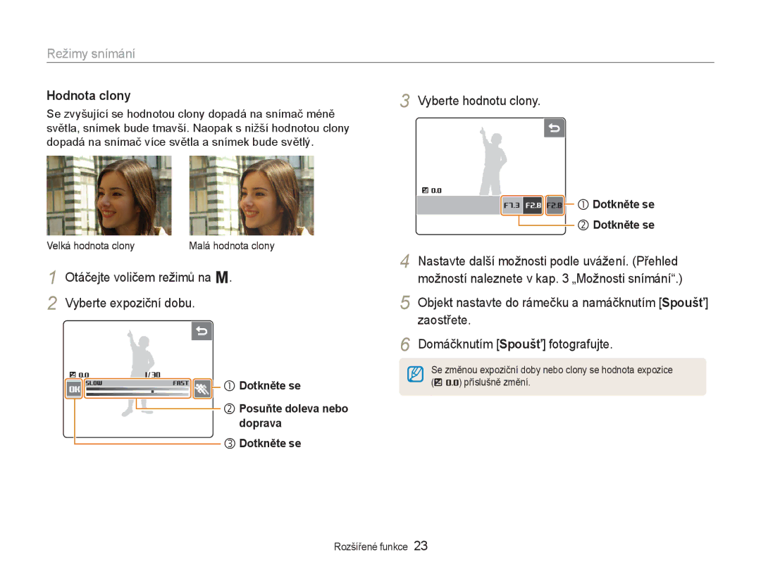 Samsung EC-NV100RBB/E3 manual Hodnota clony, Otáčejte voličem režimů na 8 Vyberte expoziční dobu, Vyberte hodnotu clony 