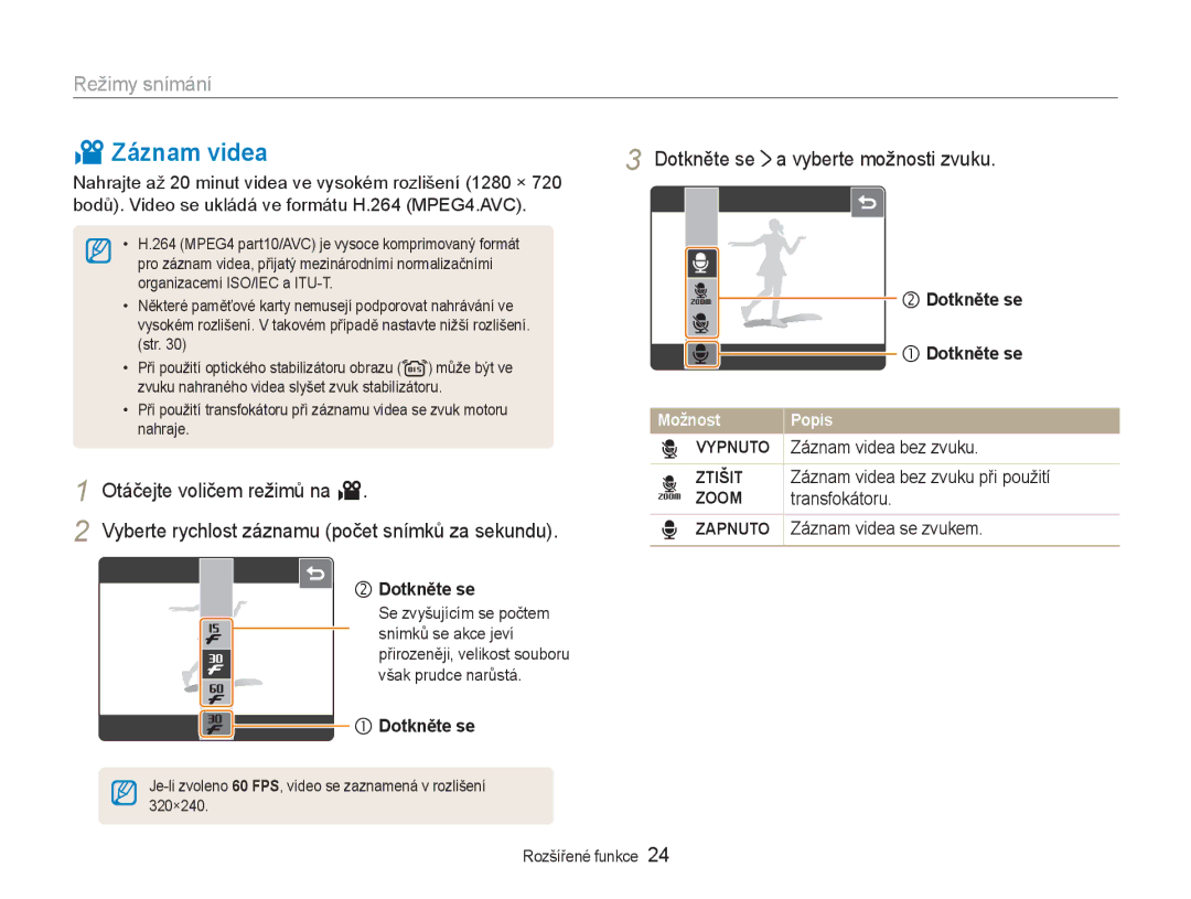 Samsung EC-NV100SBB/E3, EC-NV100RBB/E3, EC-NV100BBB/E3 manual Záznam videa, Dotkněte se a vyberte možnosti zvuku 