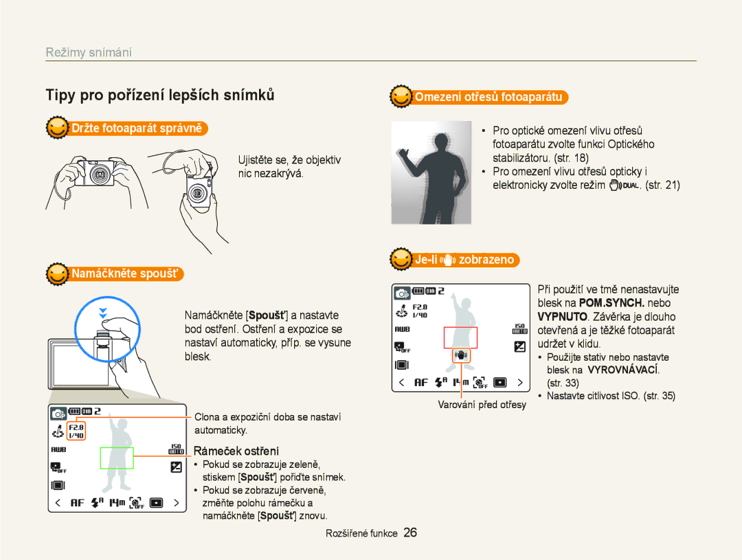 Samsung EC-NV100RBB/E3 Držte fotoaparát správně, Omezení otřesů fotoaparátu, Zobrazeno Namáčkněte spoušť, Rámeček ostření 