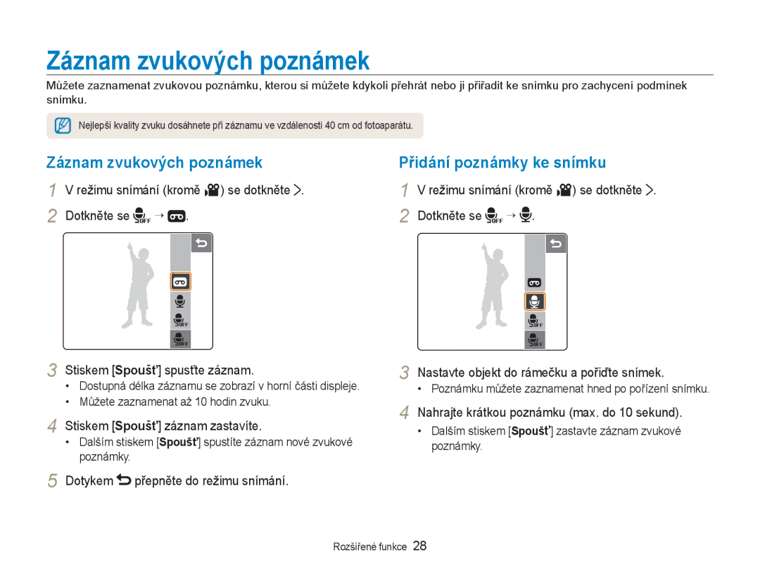 Samsung EC-NV100BBB/E3 Záznam zvukových poznámek Přidání poznámky ke snímku, Režimu snímání kromě 3 se dotkněte, Dotykem 