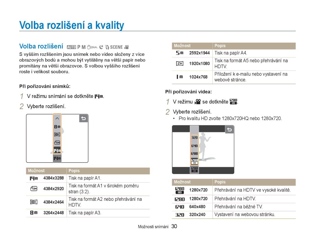 Samsung EC-NV100SBB/E3 Volba rozlišení a kvality, Volba rozlišení 2 1 8 7 6 5 4 3, Režimu 3 se dotkněte Vyberte rozlišení 