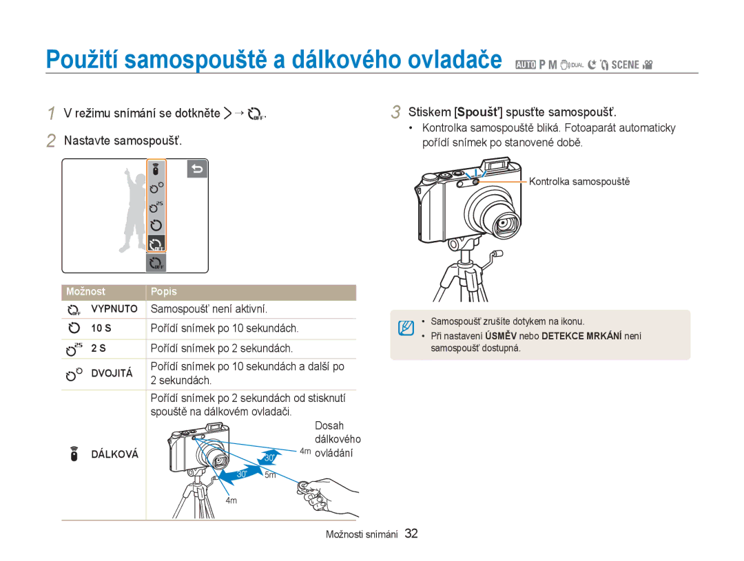 Samsung EC-NV100RBB/E3, EC-NV100SBB/E3 manual Použití samospouště a dálkového ovladače 2 1 8 7 6 5 4, 10 S, Dvojitá, Dálková 