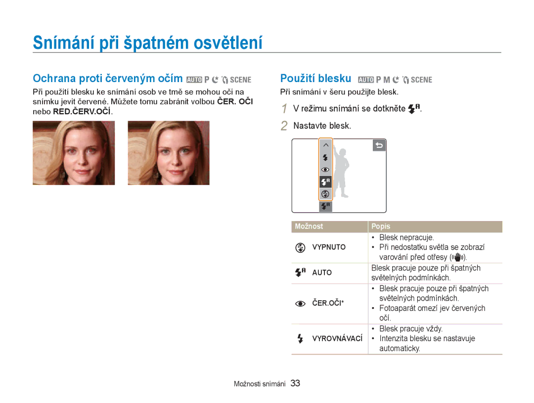 Samsung EC-NV100SBB/E3 manual Snímání při špatném osvětlení, Ochrana proti červeným očím 2 1 6 5, Použití blesku 2 1 8 6 5 