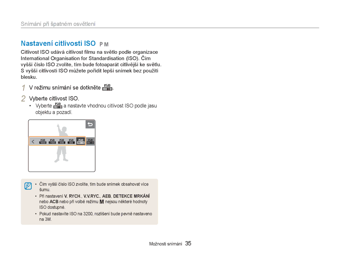 Samsung EC-NV100RBB/E3, EC-NV100SBB/E3 manual Nastavení citlivosti ISO 1, Režimu snímání se dotkněte Vyberte citlivost ISO 