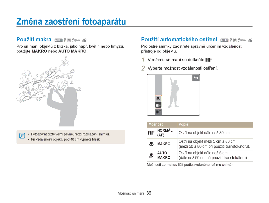 Samsung EC-NV100SBB/E3 Změna zaostření fotoaparátu, Použití makra 2 1 8 7, Použití automatického ostření 2 1 8 7, Normál 