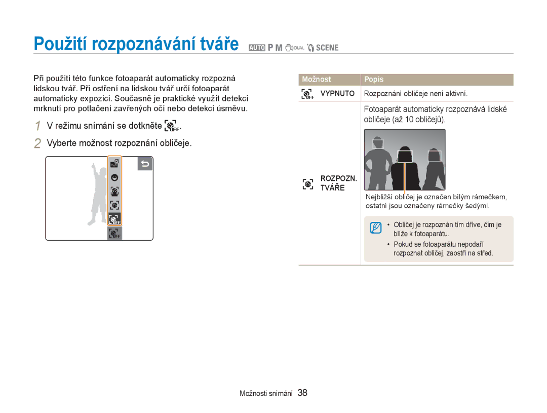 Samsung EC-NV100RBB/E3, EC-NV100SBB/E3, EC-NV100BBB/E3 manual Použití rozpoznávání tváře 2 1 8 7 5, Rozpozn Tváře 