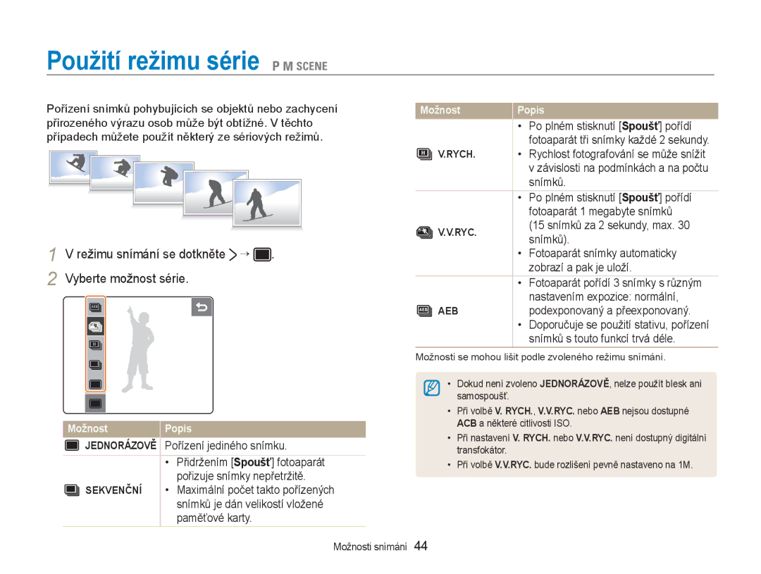 Samsung EC-NV100RBB/E3, EC-NV100SBB/E3 Použití režimu série 1 8, Režimu snímání se dotkněte “ Vyberte možnost série, Rych 