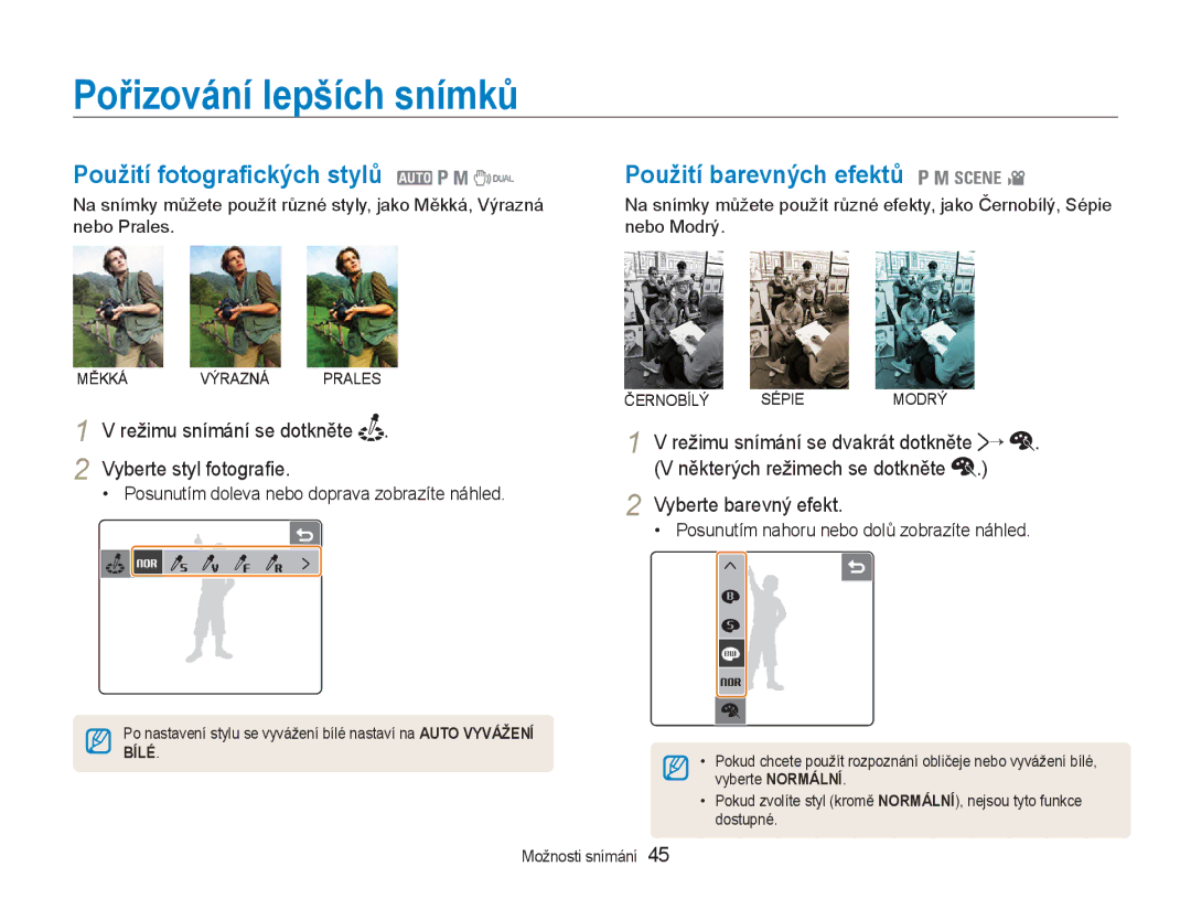 Samsung EC-NV100SBB/E3 manual Pořizování lepších snímků, Použití fotograckých stylů 2 1 8, Použití barevných efektů 1 8 4 