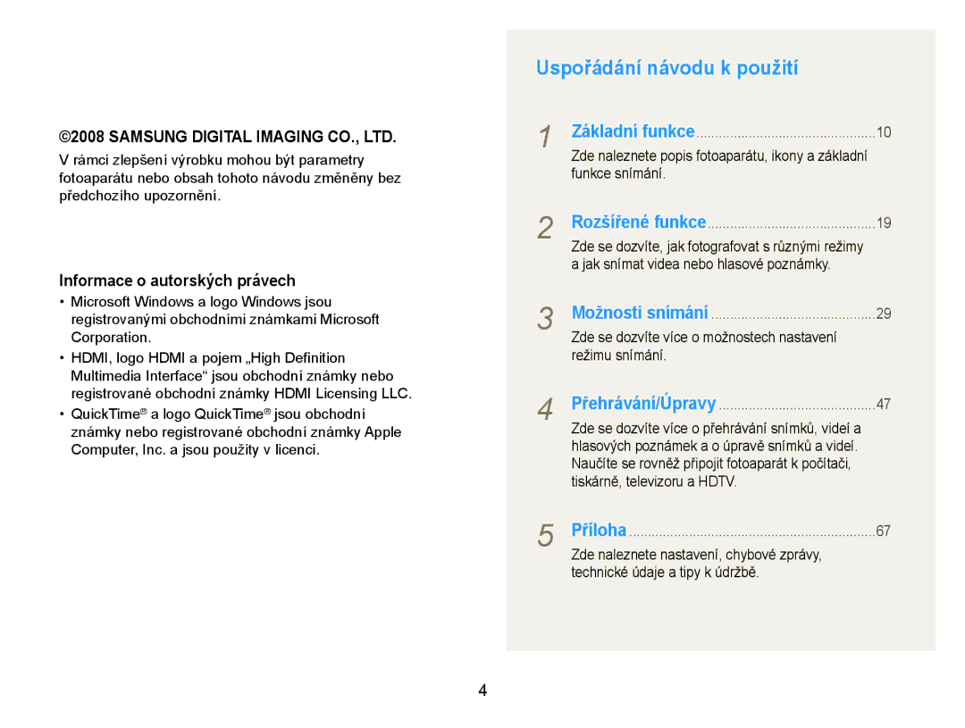 Samsung EC-NV100BBB/E3, EC-NV100RBB/E3, EC-NV100SBB/E3 manual Uspořádání návodu k použití 