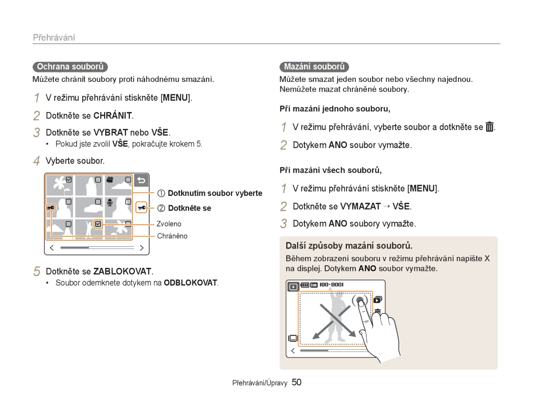 Samsung EC-NV100RBB/E3, EC-NV100SBB/E3, EC-NV100BBB/E3 manual Další způsoby mazání souborů 