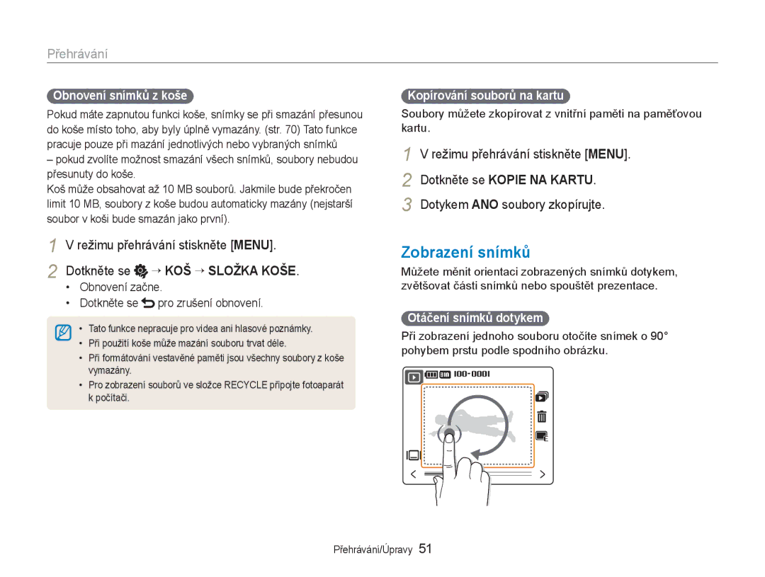 Samsung EC-NV100SBB/E3, EC-NV100RBB/E3 manual Zobrazení snímků, Dotkněte se “ KOŠ “ Složka Koše, Dotkněte se Kopie NA Kartu 