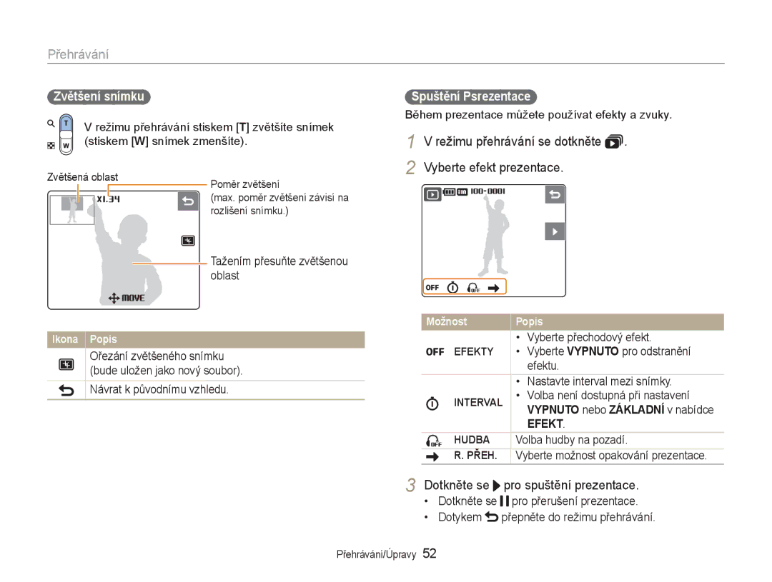 Samsung EC-NV100BBB/E3, EC-NV100RBB/E3 manual Vyberte efekt prezentace, Dotkněte se pro spuštění prezentace, Zvětšení snímku 