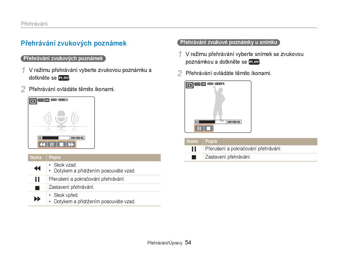 Samsung EC-NV100SBB/E3 manual Přehrávání zvukových poznámek, Poznámkou a dotkněte se Přehrávání ovládáte těmito ikonami 