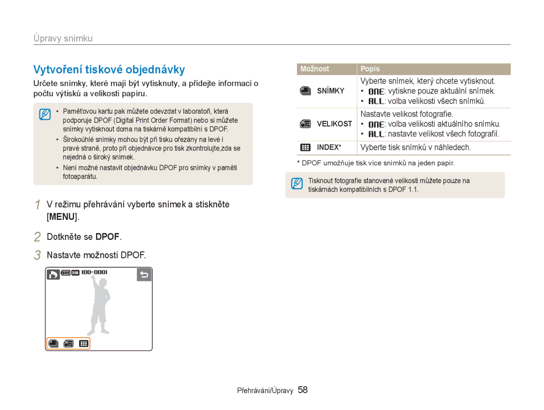 Samsung EC-NV100BBB/E3, EC-NV100RBB/E3, EC-NV100SBB/E3 manual Vytvoření tiskové objednávky, Snímky 