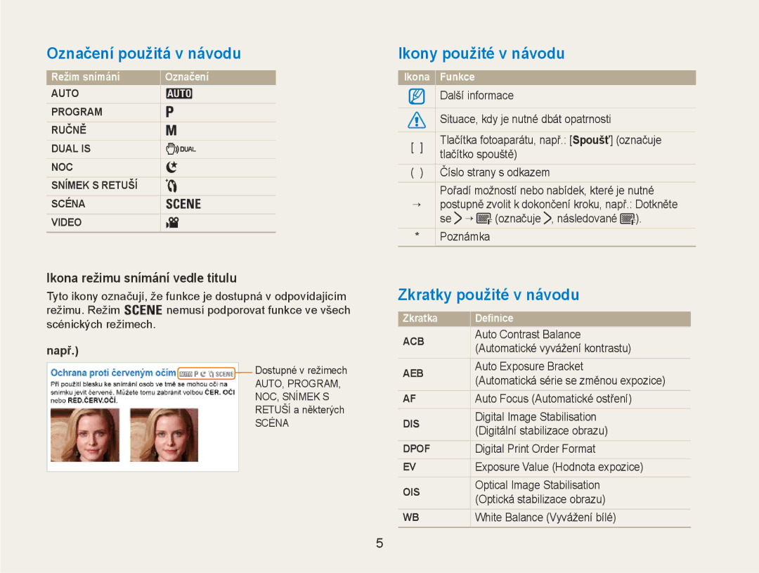 Samsung EC-NV100RBB/E3, EC-NV100SBB/E3 manual Označení použitá v návodu, Ikony použité v návodu, Zkratky použité v návodu 