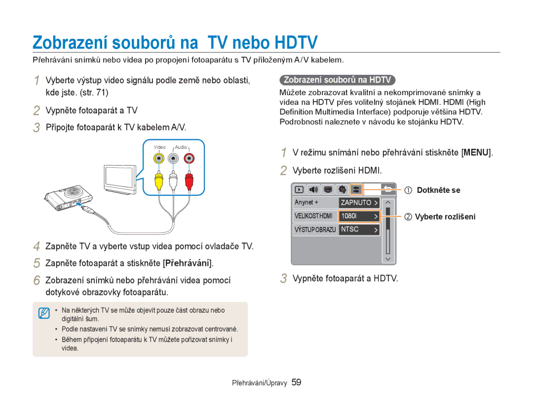 Samsung EC-NV100RBB/E3 manual Zobrazení souborů na TV nebo Hdtv, Vypněte fotoaparát a Hdtv, Zobrazení souborů na Hdtv 