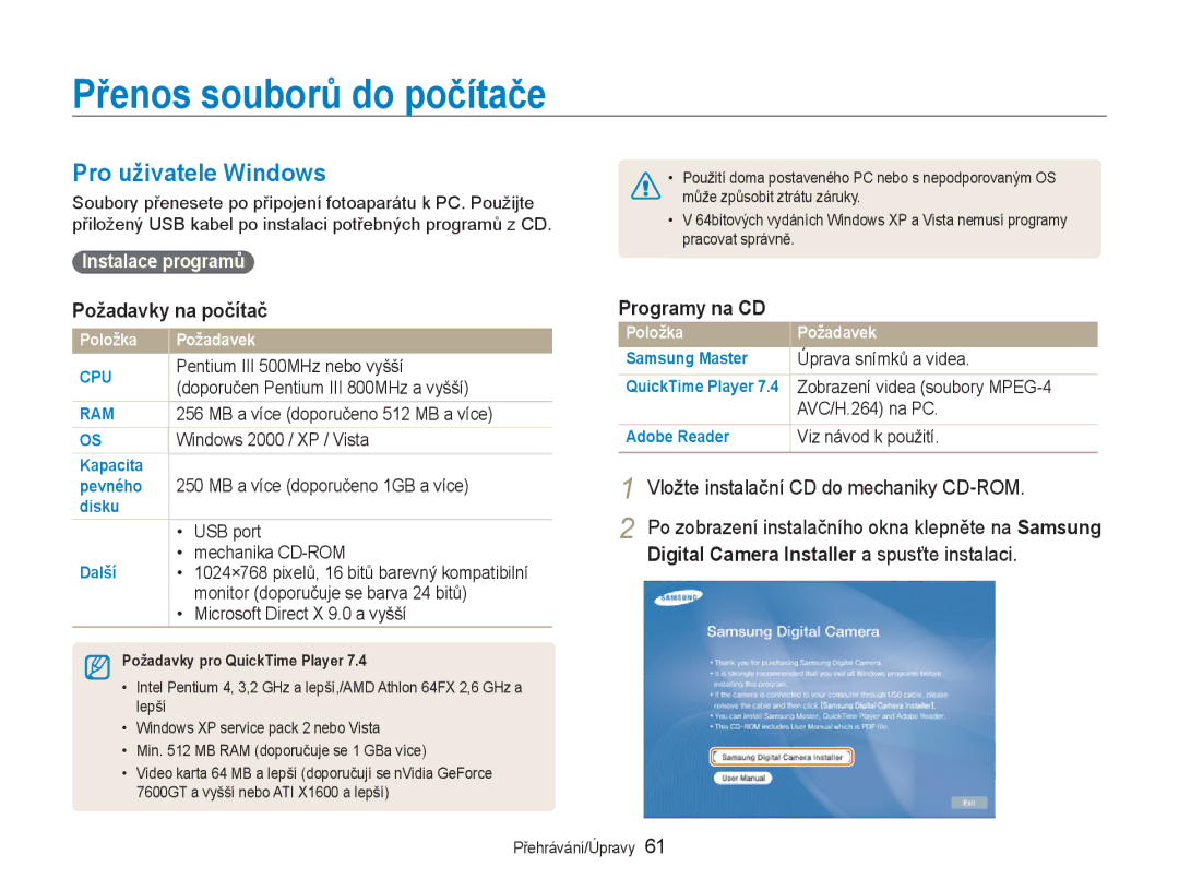 Samsung EC-NV100BBB/E3 manual Přenos souborů do počítače, Pro uživatele Windows, Požadavky na počítač, Programy na CD 