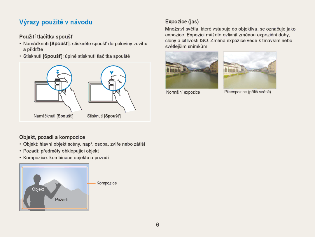 Samsung EC-NV100SBB/E3 Výrazy použité v návodu, Použití tlačítka spoušť, Objekt, pozadí a kompozice, Expozice jas, Pozadí 