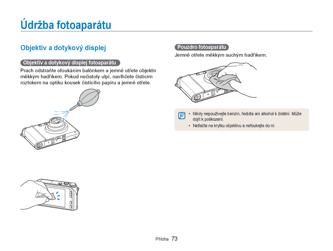 Samsung EC-NV100BBB/E3 manual Údržba fotoaparátu, Objektiv a dotykový displej fotoaparátu, Pouzdro fotoaparátu 