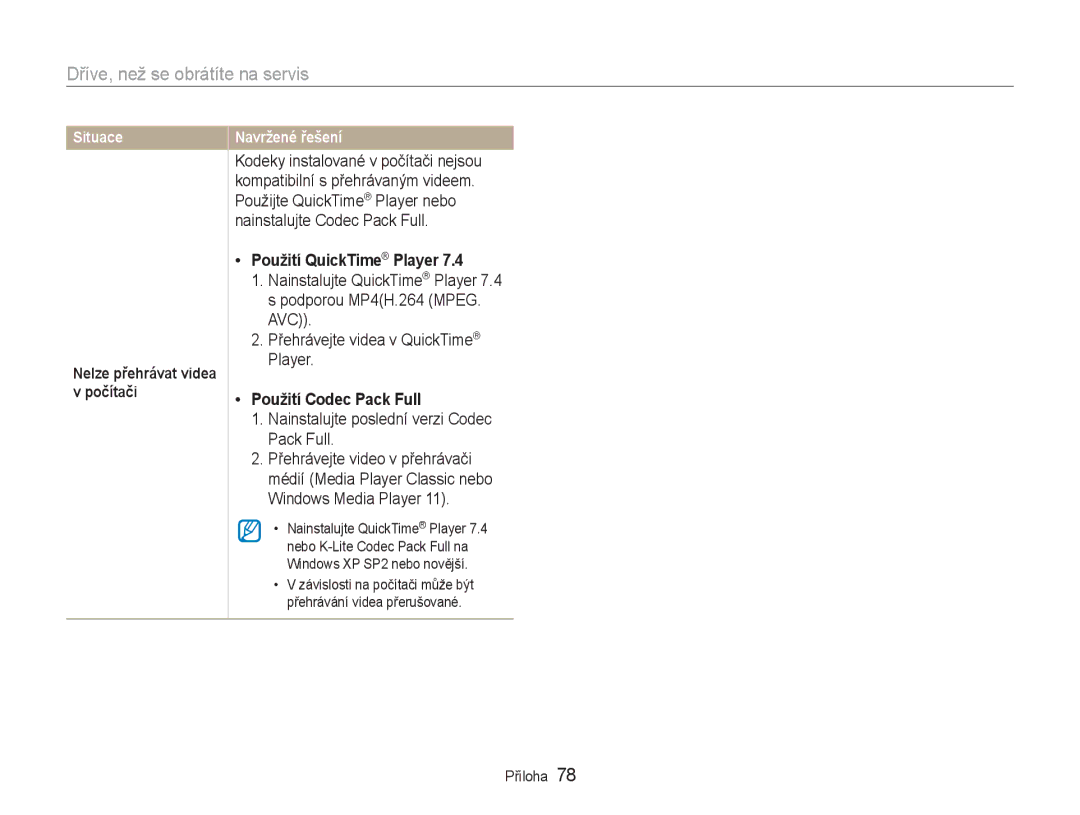 Samsung EC-NV100SBB/E3, EC-NV100RBB/E3 Nelze přehrávat videa v počítači, Použití QuickTime Player, Použití Codec Pack Full 