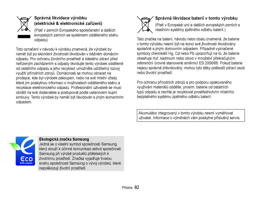 Samsung EC-NV100BBB/E3, EC-NV100RBB/E3, EC-NV100SBB/E3 manual Správná likvidace baterií v tomto výrobku 