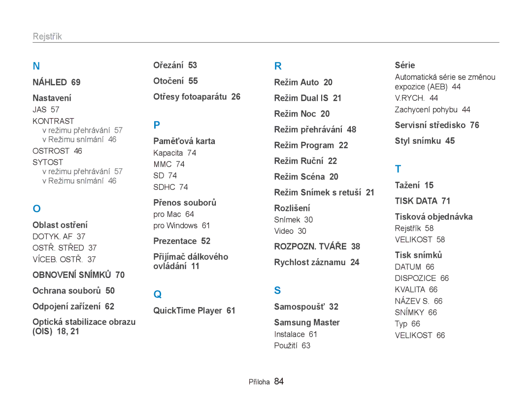 Samsung EC-NV100SBB/E3, EC-NV100RBB/E3, EC-NV100BBB/E3 manual Rejstřík 