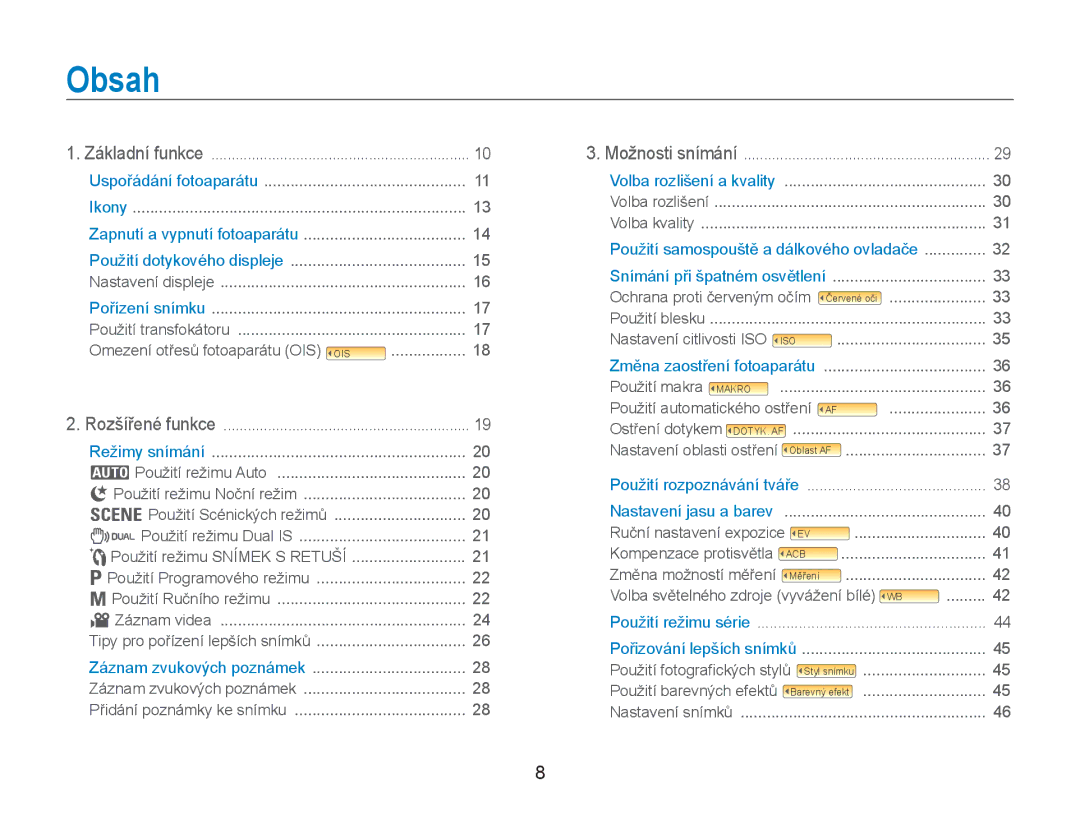 Samsung EC-NV100RBB/E3, EC-NV100SBB/E3, EC-NV100BBB/E3 manual Obsah 