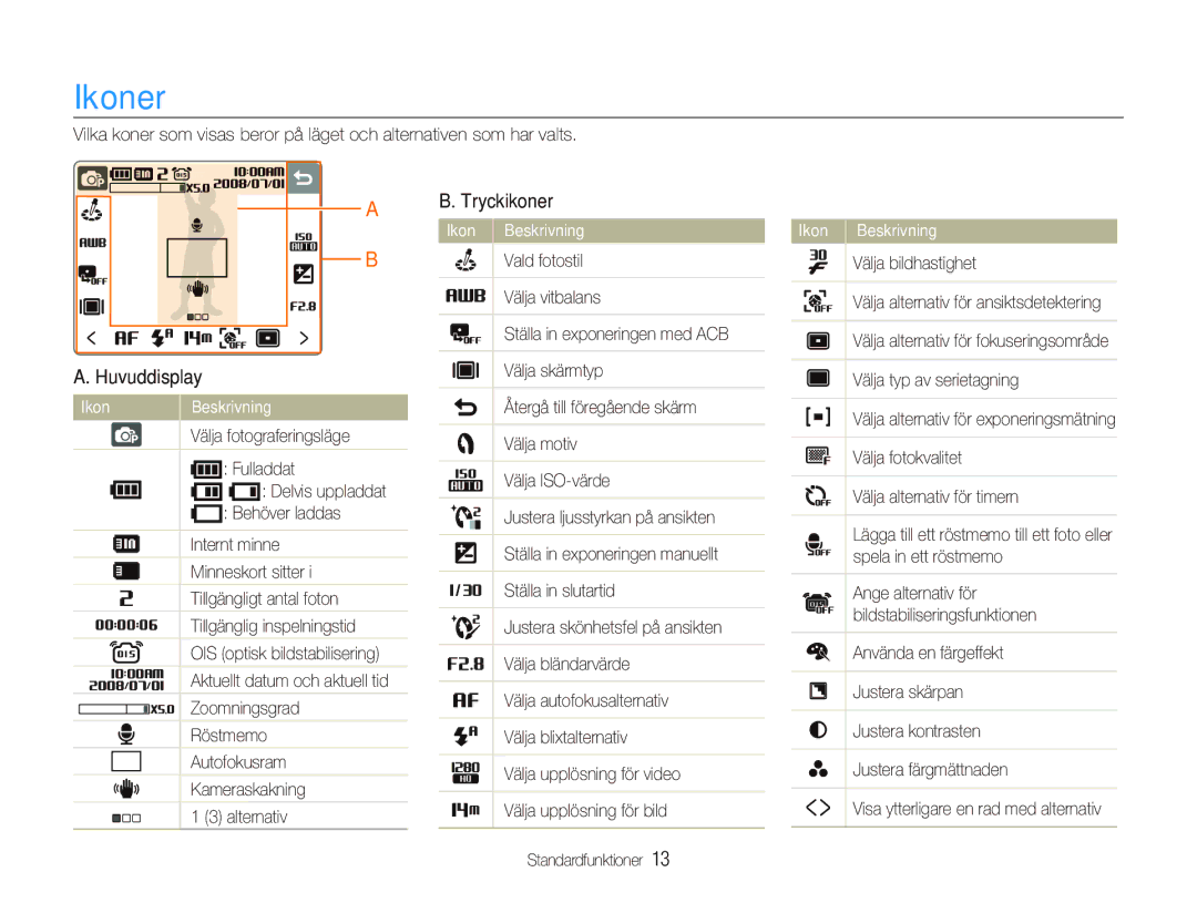 Samsung EC-NV100RBA/E1, EC-NV100SBA/E1, EC-NV100SFB/E1, EC-NV100BBA/E1 manual Ikoner, Huvuddisplay 