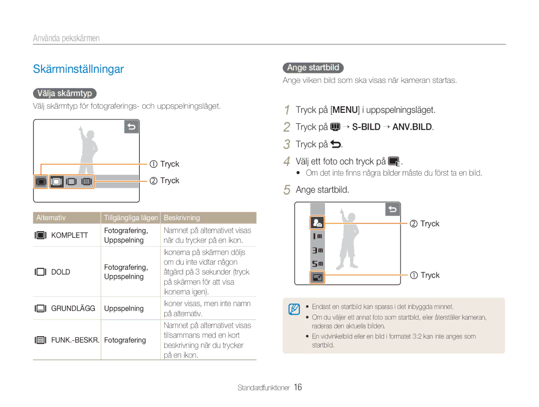 Samsung EC-NV100SFB/E1 manual Skärminställningar, Använda pekskärmen, Tryck på Menu i uppspelningsläget, Ange startbild 