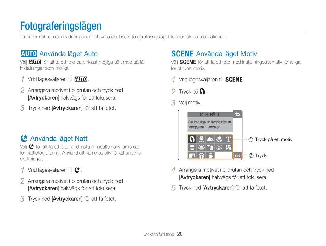 Samsung EC-NV100SFB/E1, EC-NV100SBA/E1 Fotograferingslägen, Använda läget Auto, Använda läget Motiv, Använda läget Natt 