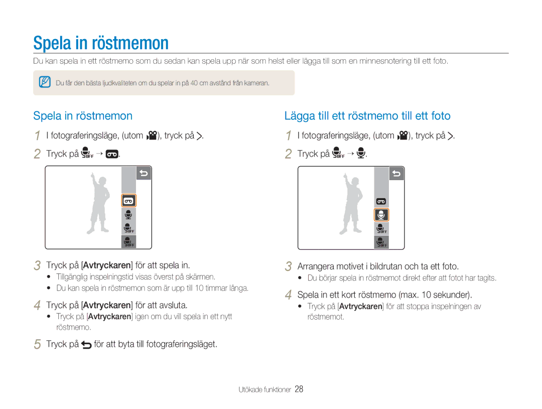 Samsung EC-NV100SFB/E1 manual Spela in röstmemon, Tryck på Avtryckaren för att spela, Tryck på Avtryckaren för att avsluta 