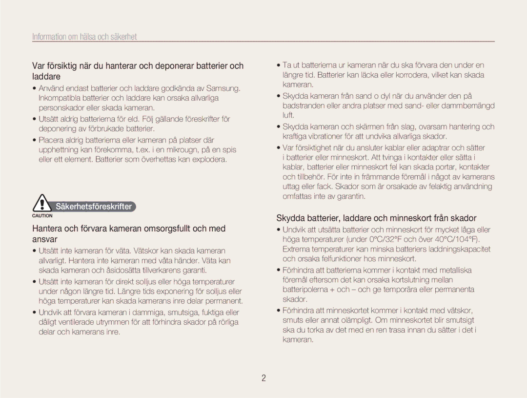 Samsung EC-NV100BBA/E1 manual Information om hälsa och säkerhet, Hantera och förvara kameran omsorgsfullt och med ansvar 