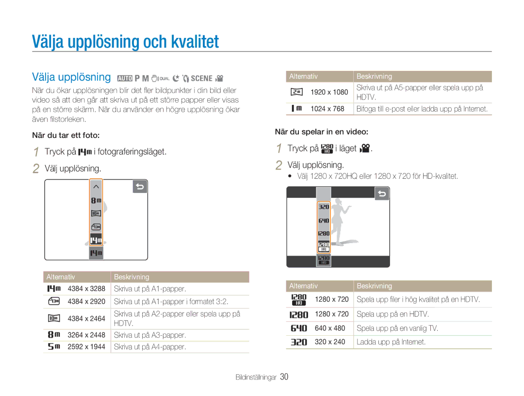 Samsung EC-NV100BBA/E1, EC-NV100SBA/E1 manual Välja upplösning och kvalitet, Välja upplösning 2 1 8 7 6 5 4 3, Läget 